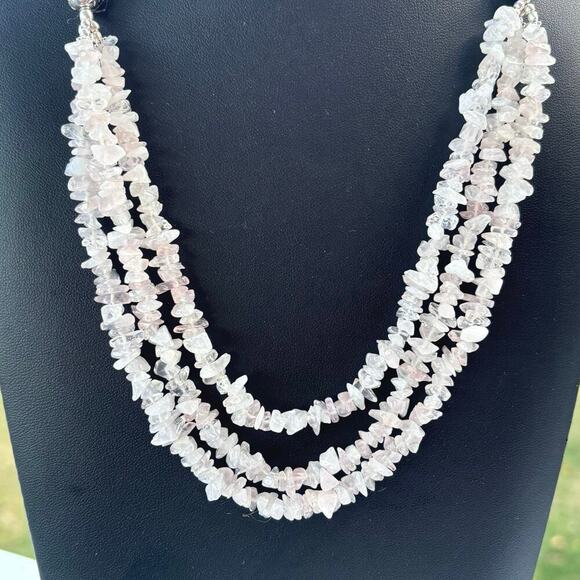 925 Pink Quartz 3 Strand Necklace 20" - Picture 2 of 8